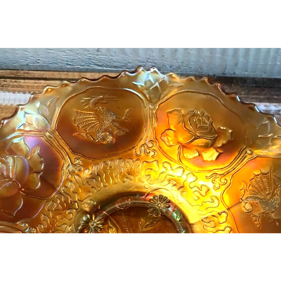 Antique 1920s Fenton Marigold Carnival Glass Dragons & Lotus Pattern Bowl 9” - Picture 2 of 11